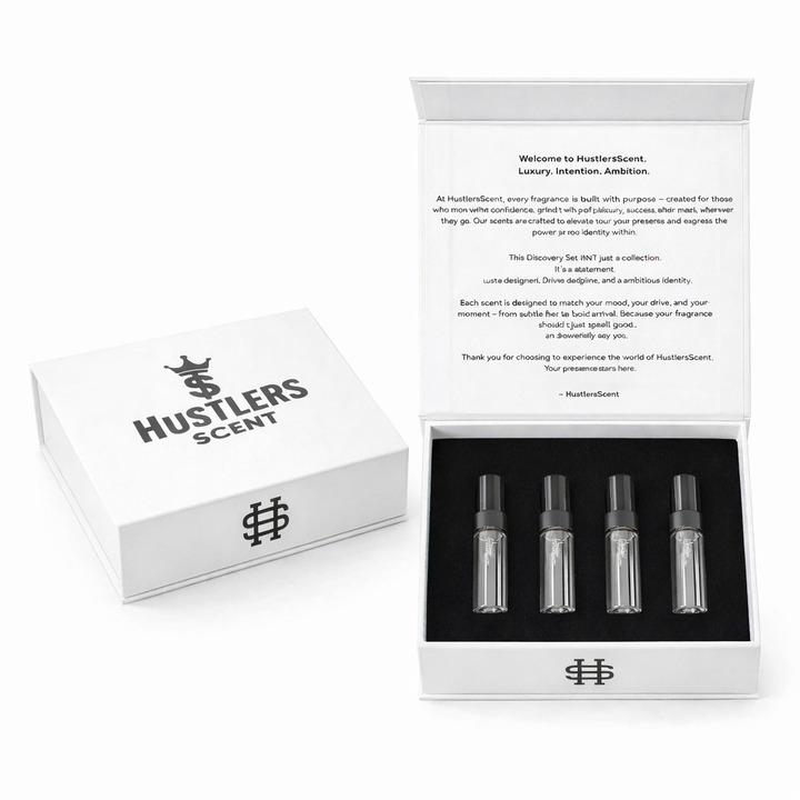 White discovery set box, open, holding four travel sprays